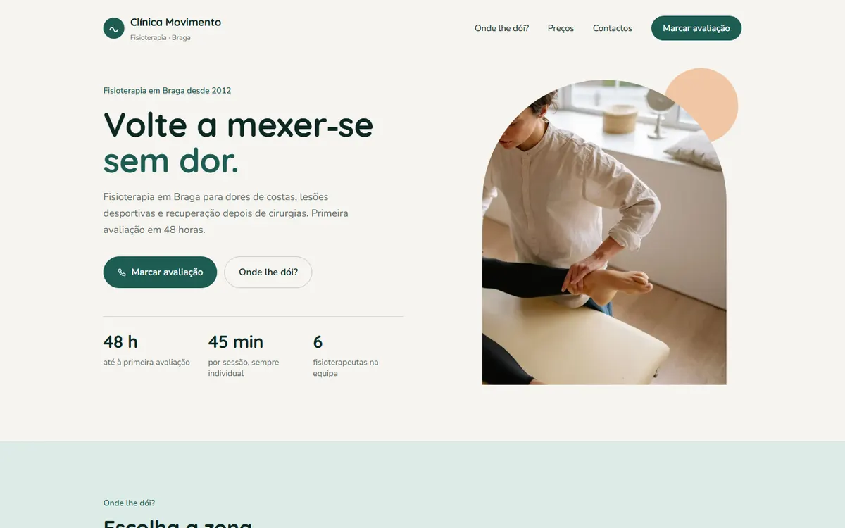 Página inicial do site de exemplo Clínica Movimento