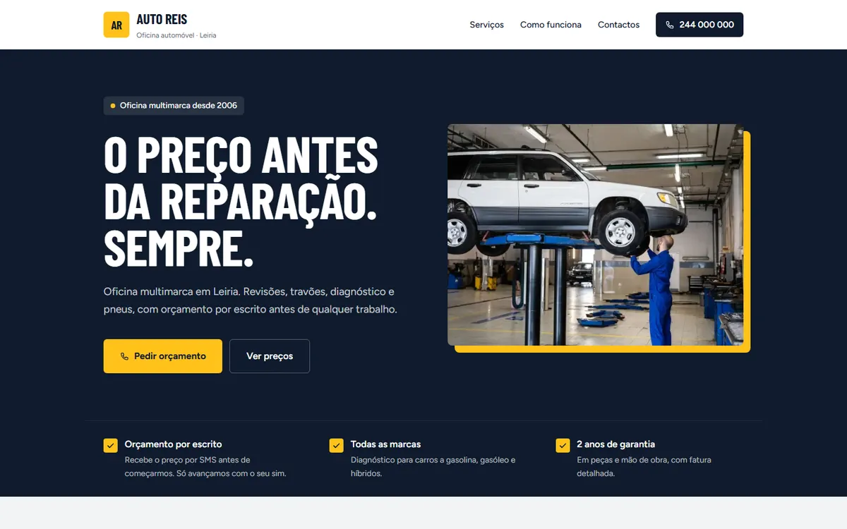 Página inicial do site de exemplo Auto Reis